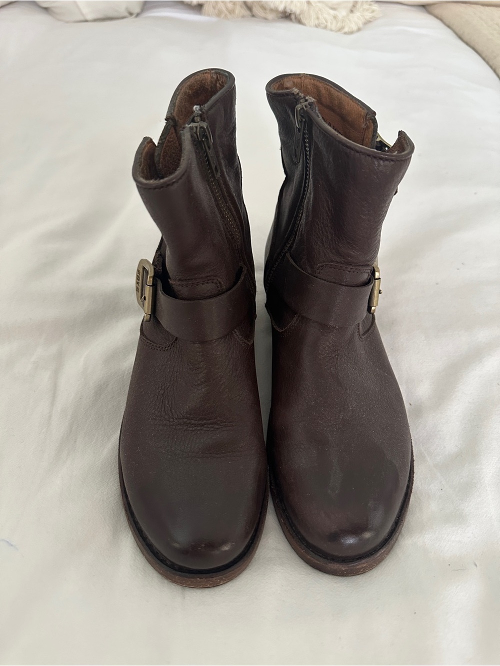 Frye Harness Veronica Brown Leather Ankle Boots - Classic Buckle Zip St